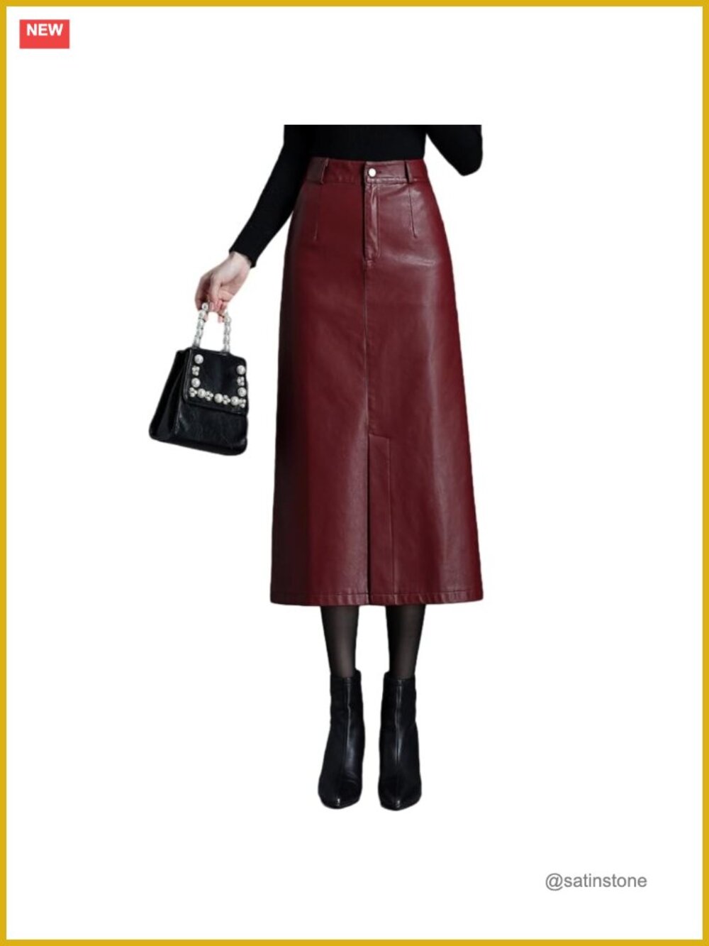 High Waisted Faux Leather Midi Skirt Bodycon Slit Casual Fall Winter
